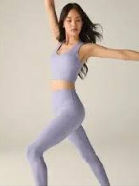 Beyond Yoga Heather rib midi legging and bra in blue frost shine